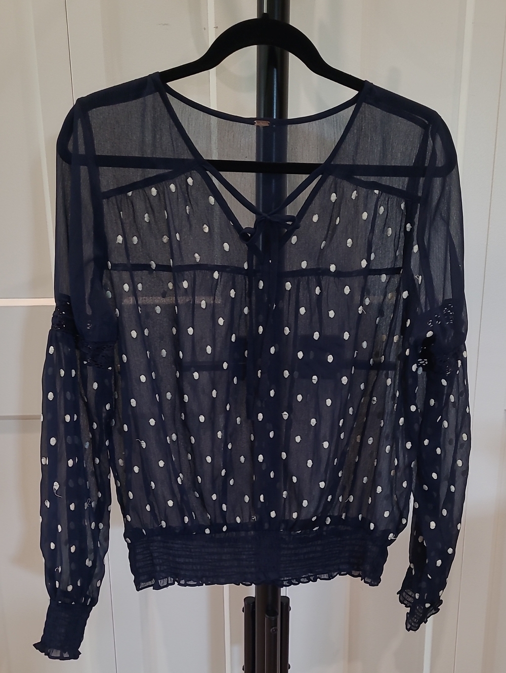 Free People Navy Polka Dot Sheer Peasant Blouse